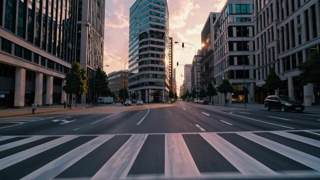 Urban sunset drive through empty city streets with skyscrapers and modern architecture