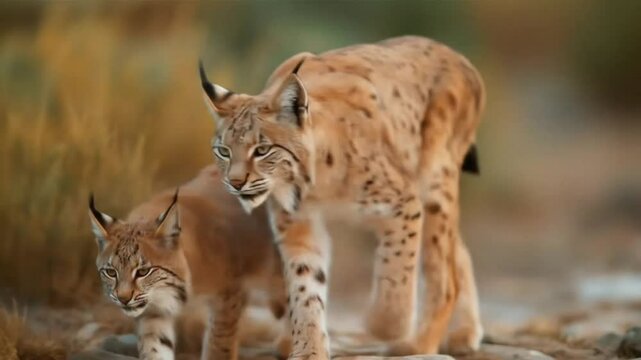 Iberian lynx, Lynx pardinus, mother with young kitten, wild cat endemic to Iberian Peninsula in southwestern Spain in Europe. Rare cat walks in the nature habitat. Lynx family, nine month old cub