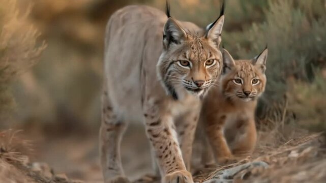 Iberian lynx, Lynx pardinus, mother with young kitten, wild cat endemic to Iberian Peninsula in southwestern Spain in Europe. Rare cat walks in the nature habitat. Lynx family, nine month old cub