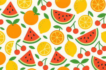 Seamless pattern with watermelon, orange, lemon and cherry fruits with leaves