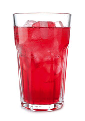 Tasty cherry soda water with ice cubes isolated on white
