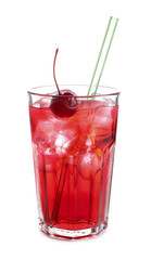 Tasty cherry soda water with ice cubes and berry isolated on white