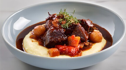 Ultra-Detailed Photorealistic Food Presentation Featuring Tender Beef Stew with Creamy Polenta and Vegetables