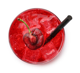 Tasty cherry soda water with ice cubes and berry isolated on white, top view