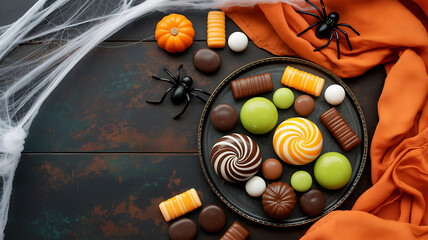 Halloween candy arrangement on a dark table with spiders and an orange cloth