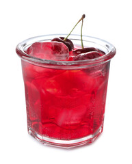 Tasty cherry soda water with ice cubes and berries isolated on white