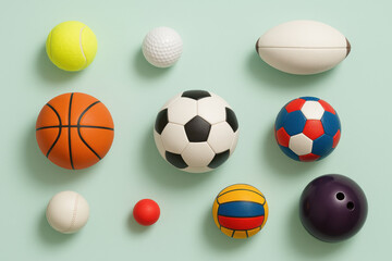Different sport balls representing various sports and activities on light green background