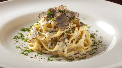 Pristine White Setting with Neatly Plated Fettuccine Topped with Truffle and Fresh Herbs on a White Plate