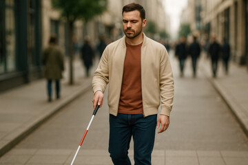 Blind man walking with white cane in city center