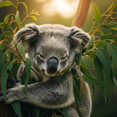 A sleepy koala nestled amongst fragrant gum leaves