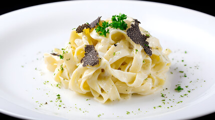 Pristine White Fettuccine with Truffle Garnish in Elegant Setting on a Clean Plate