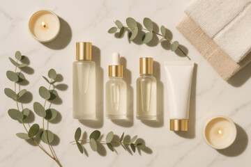 Natural cosmetic bottles, eucalyptus leaves, towels and candles composing a relaxing spa setting on marble background