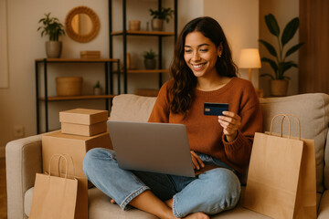 Happy customer shopping online using laptop and credit card, enjoying home delivery service with boxes and bags on sofa