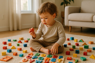 Toddler playing with colorful wooden educational toy blocks and letters at home