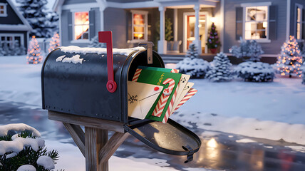 A mailbox overflowing with christmas cards sits in front of a snowcovered house