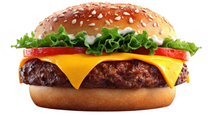 Close up of burger with cheese and tomato on transparent background