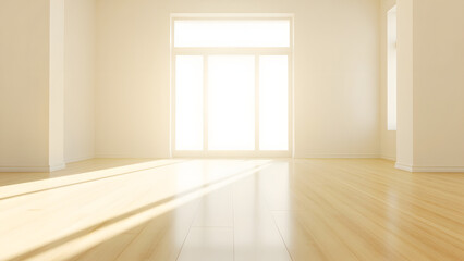 Bright room with wooden floor and large window isolated on a transparent background