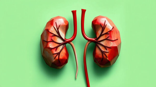 Human kidney anatomy on green background. 3D illustration. Medical concept.