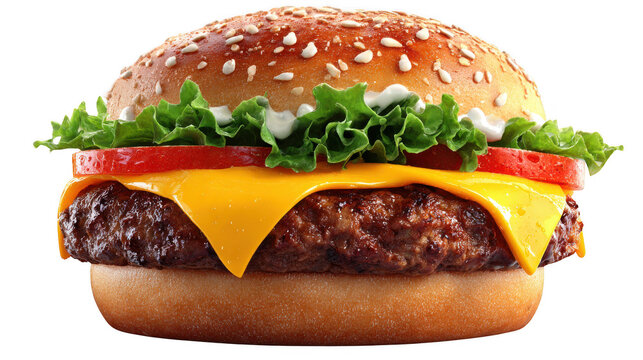 Close up of burger with cheese and tomato on transparent background