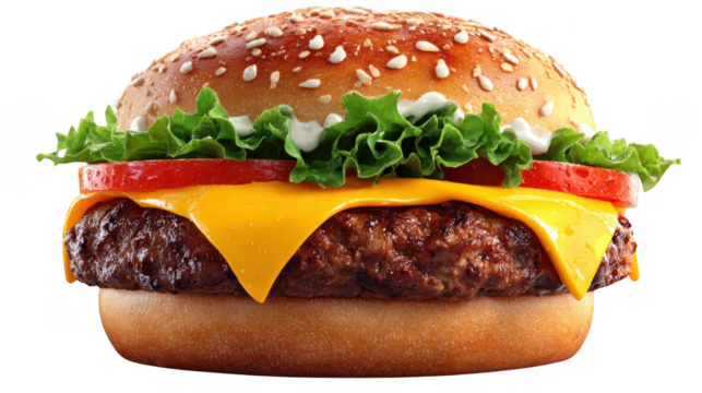 Close up of burger with cheese and tomato on transparent background