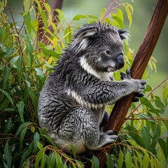A wet koala after a rain shower, still resting in its tree