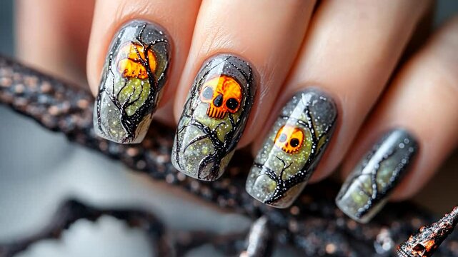 Spooky skull nail art design with dark gray and orange halloween theme