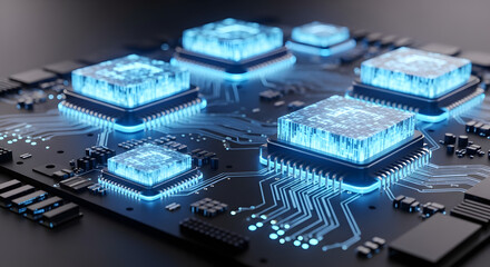 Close up view of green electronic circuit board with computer chip and components