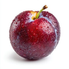 A close-up of a fresh, juicy plum with water droplets, showcasing its vibrant colors and textures.