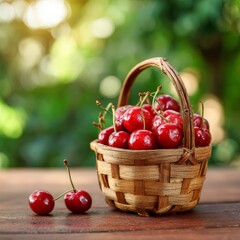 A close-up shot of a basket filled with ripe cherries placed on a wooden surface, with two cherries in front