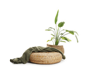 Stylish pouf with plaid and houseplant isolated on white