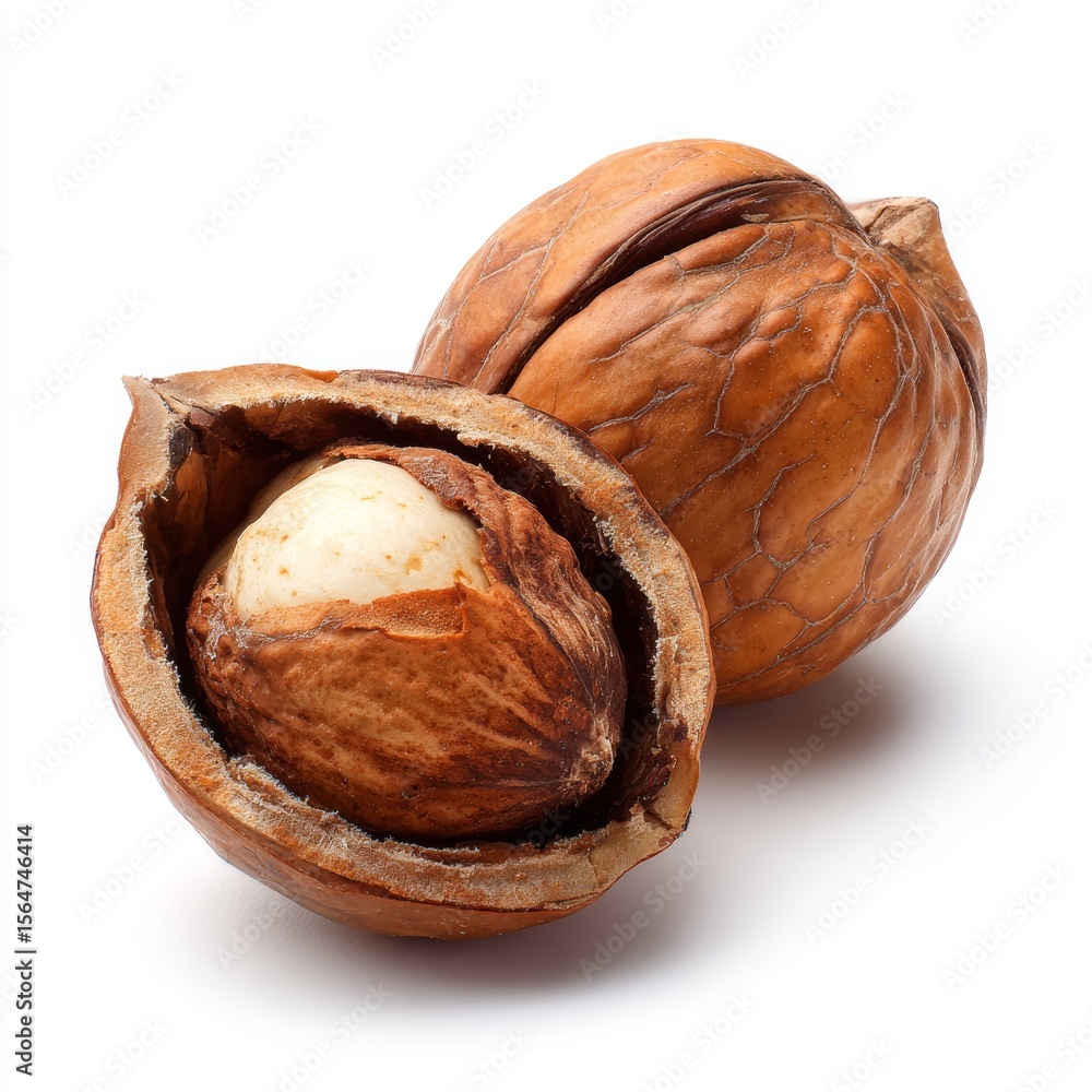 Poster a close-up of a hazelnut showing the outer shell and the seed. one half shell is cracked, revealing 