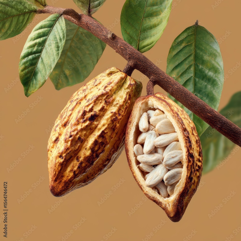Poster a detailed depiction of cocoa fruit pods still on the cocoa tree