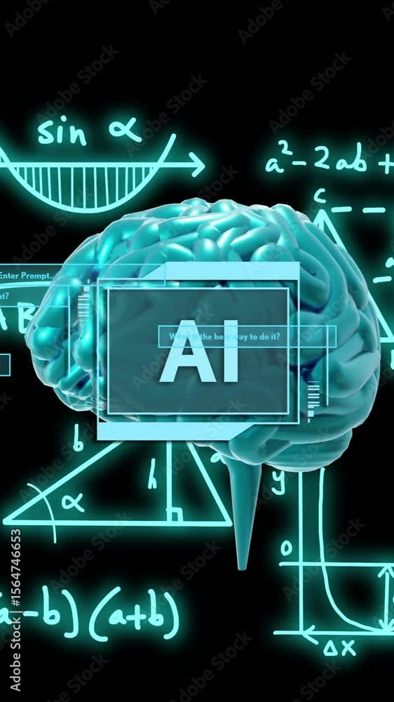 Poster animation of ai text, human brain and mathematical data processing