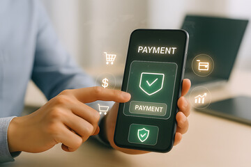 A person uses a smartphone to make a secure online payment, with various icons illustrating a safe transaction process