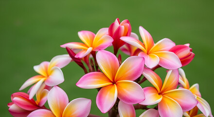 Fototapeta premium Beautiful Frangipani Blossoms with Green Background