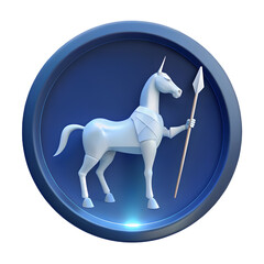 3D Rendered Armored White Unicorn Holding a Spear on a Dark Blue Circular Badge