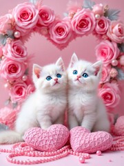 Two white kittens with blue eyes and pink hearts under a rose heart on a pink background