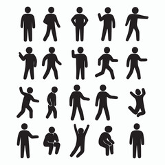 Human Stick Figure Poses Icon Set &ndash; Silhouette Standing, Walking, Jumping, Sitting Actions

