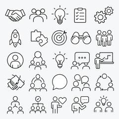 Fototapeta premium Business Strategy Line Icons Set | Teamwork, Planning, Communication Vector Symbols