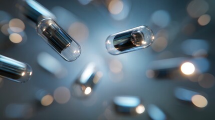 medical pods fly chaotically at different distances from the lens, blurred light background