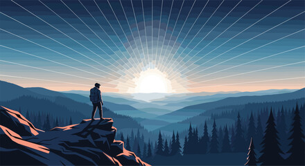 Silhouette Atop Mountain Peak Gazing at Sunrise