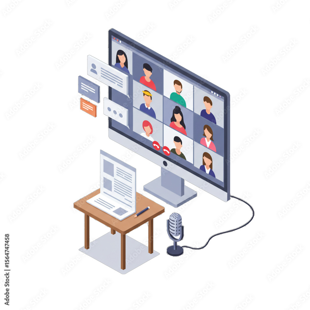 Poster isometric illustration of a video conference call on a computer screen with a laptop and microphone 