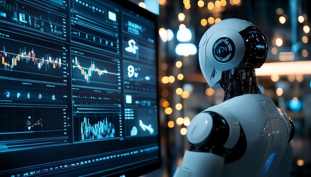 Robot analyzing data on a high-tech screen.