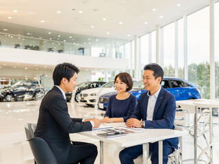 Smiling Couple Discussing Car Purchase with Salesman at Dealership - AI Generated image
