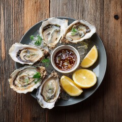 Freshly shucked oysters arranged on a plate with lemon wedges and a dipping sauce, a seafood delicacy