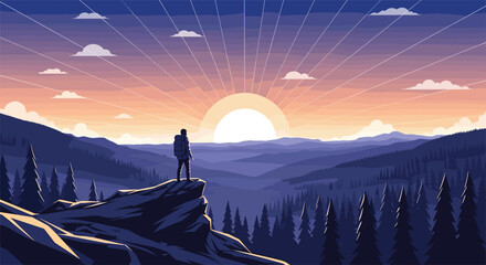 Pixel Art Hiker at Sunrise Landscape Exploration