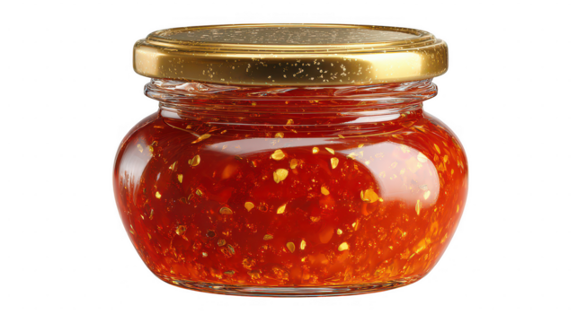 Jar of red pepper jelly close up view on transparent background