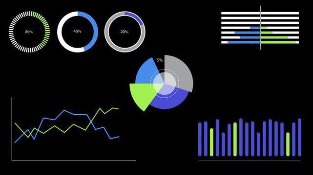 Set of animated infographic elements with colorful diagrams, charts and graphs on black background.