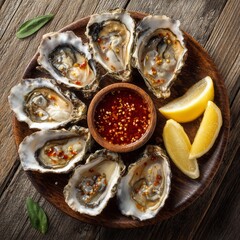 Freshly opened oysters with lemons and dipping sauce, presented on a rustic wooden plate, evoking a sense of culinary delight