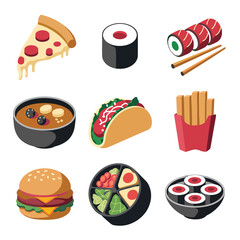 vector icons cooking food chef hat include a pizza slice, a sushi roll, spaghetti and meatballs, a curry bowl burger , fish 
